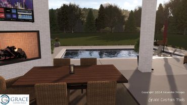 Outdoor patio with dining area, fireplace, and custom pool surrounded by greenery.