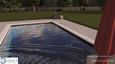A modern rectangular pool with water jets and potted plants on the deck.