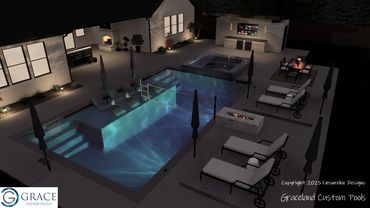 Modern illuminated backyard pool area with lounge chairs, fire pit, and outdoor TV at night.