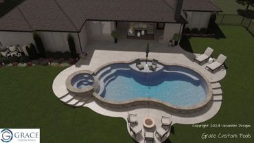 Custom backyard pool with spa, seating, and lounge chairs in a landscaped yard.