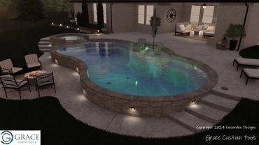 Elegant backyard pool with built-in spa and ambient lighting in the evening.