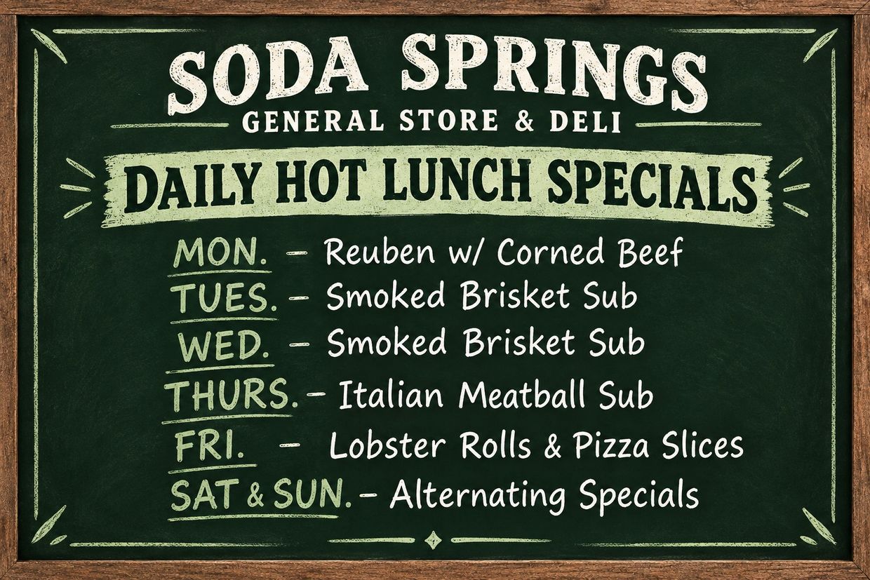 Chalkboard lunch specials menu at Soda Springs Deli.