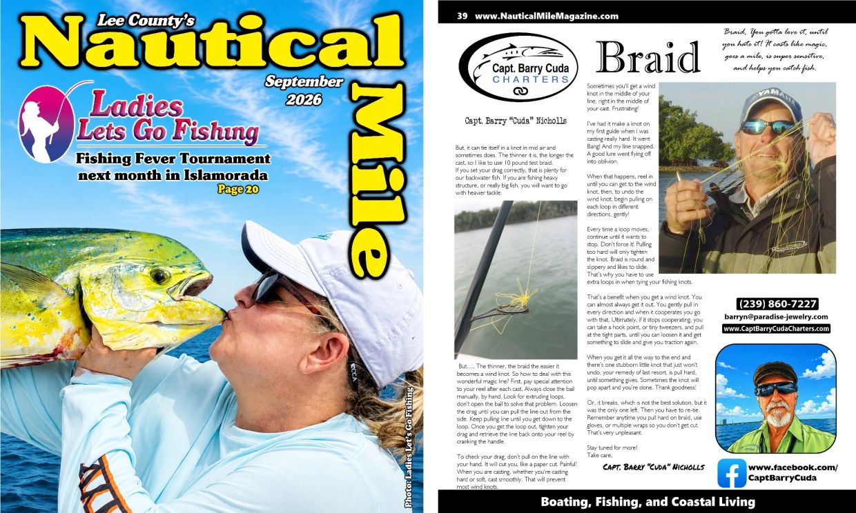 Fishing magazine cover and fishing knot tutorial by Capt. Barry Cuda Nicholls.