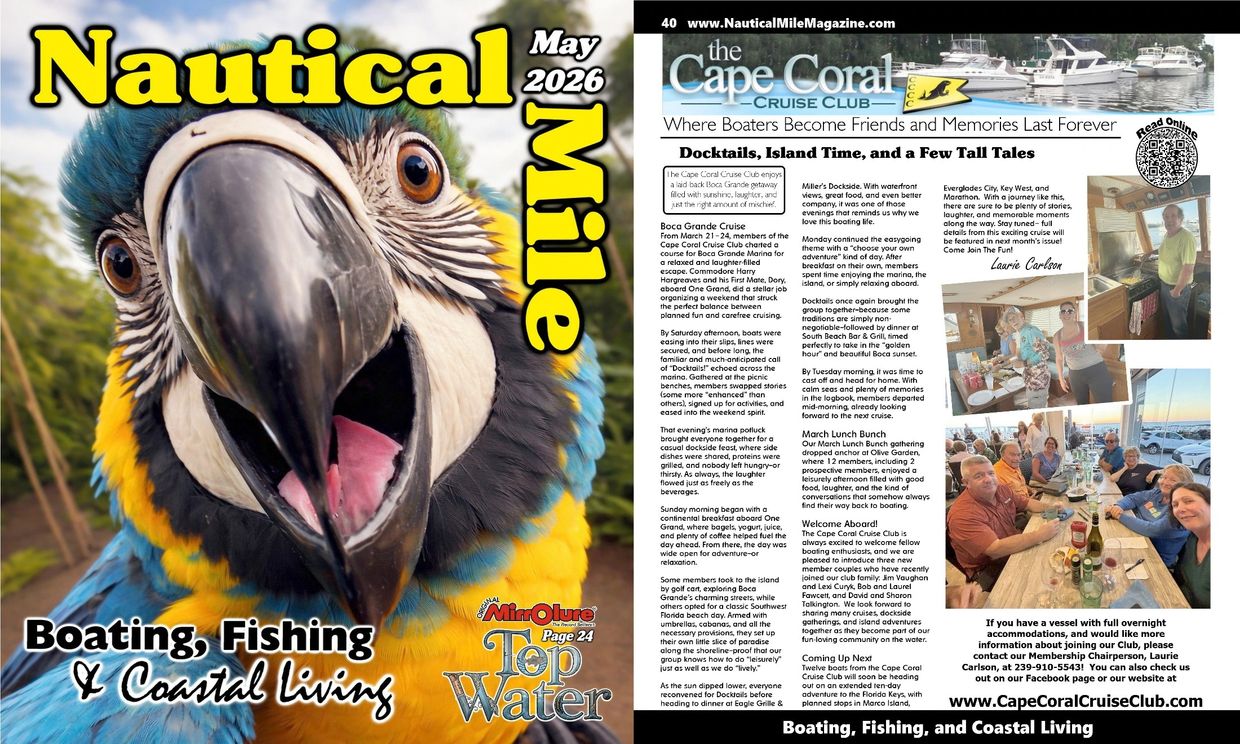 Cover of Nautical Mile magazine featuring a close-up parrot and boating community news.