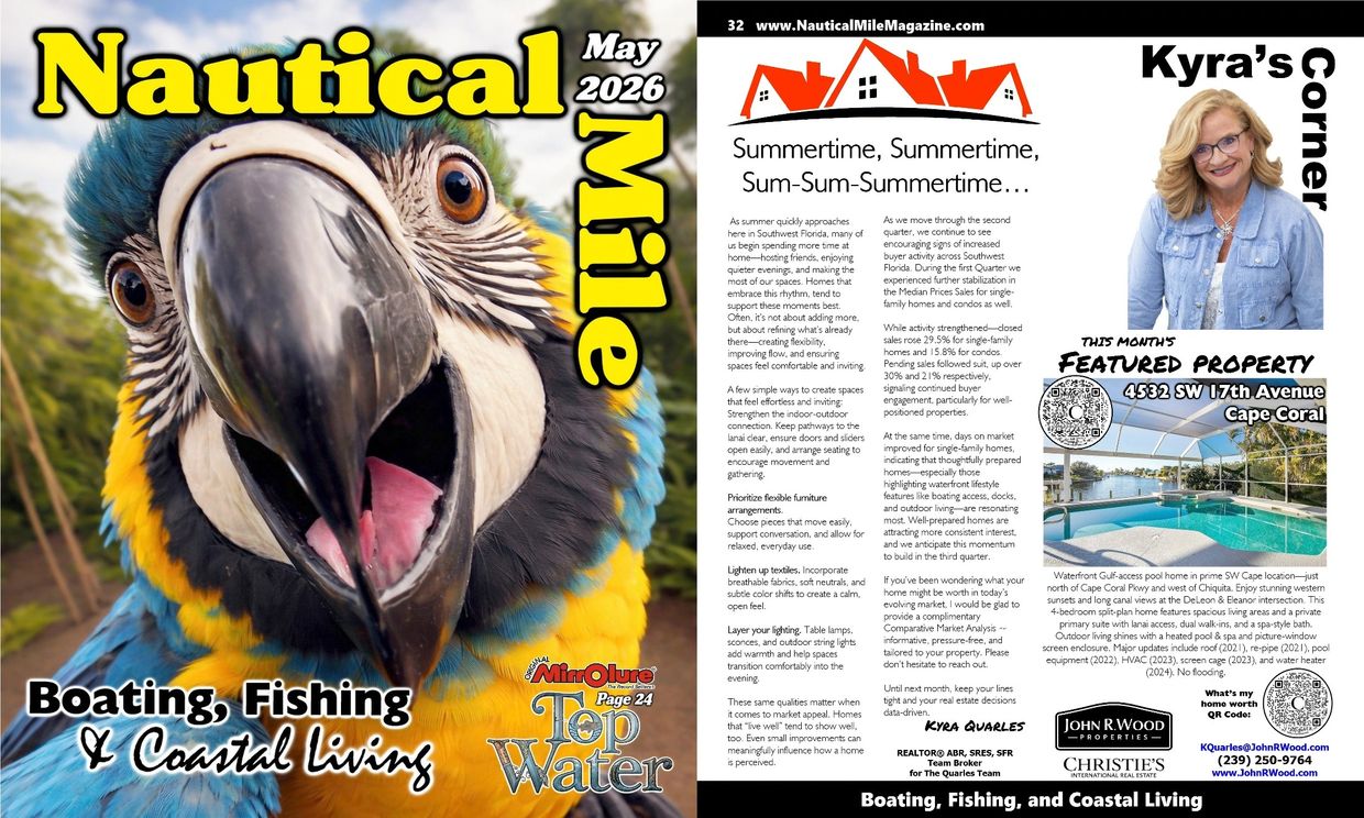 Cover of Nautical Mile Magazine with a close-up parrot and a real estate feature.