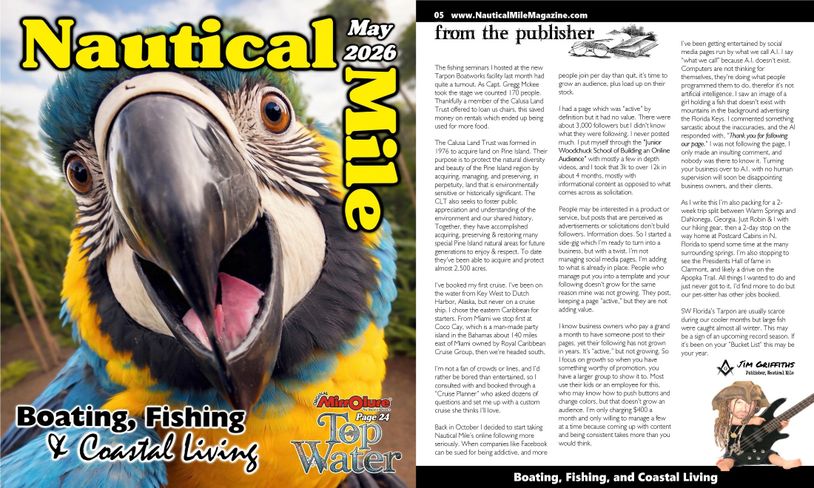 Cover of Nautical Mile May 2026 issue featuring a vibrant macaw and boating theme.