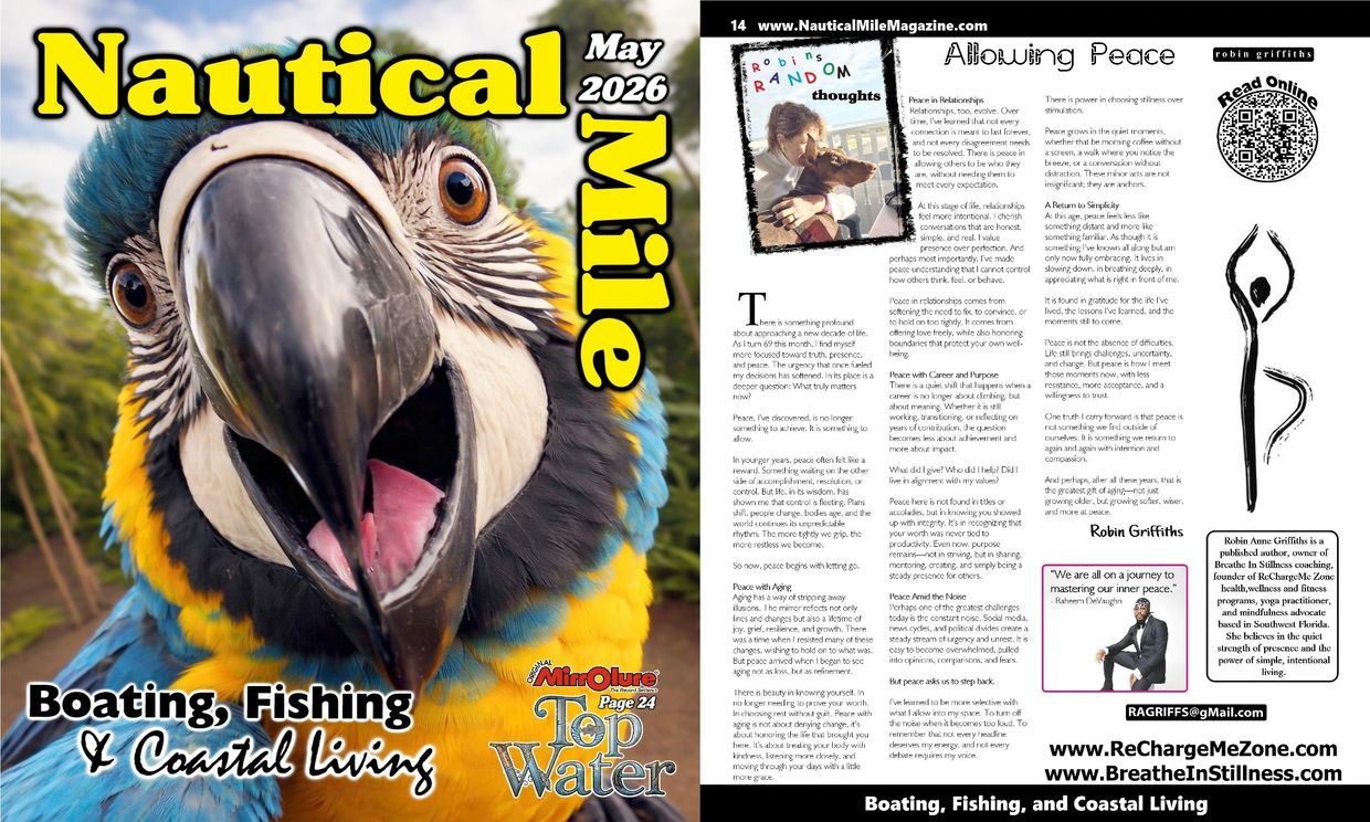 Cover and article of Nautical Mile magazine featuring a colorful parrot and peace reflections.