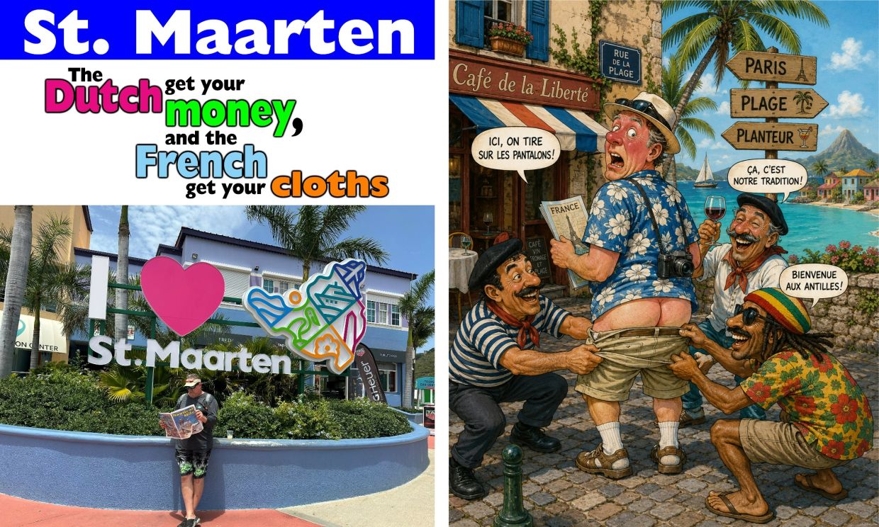 Humorous illustrations about cultural and economic stereotypes in St. Maarten.