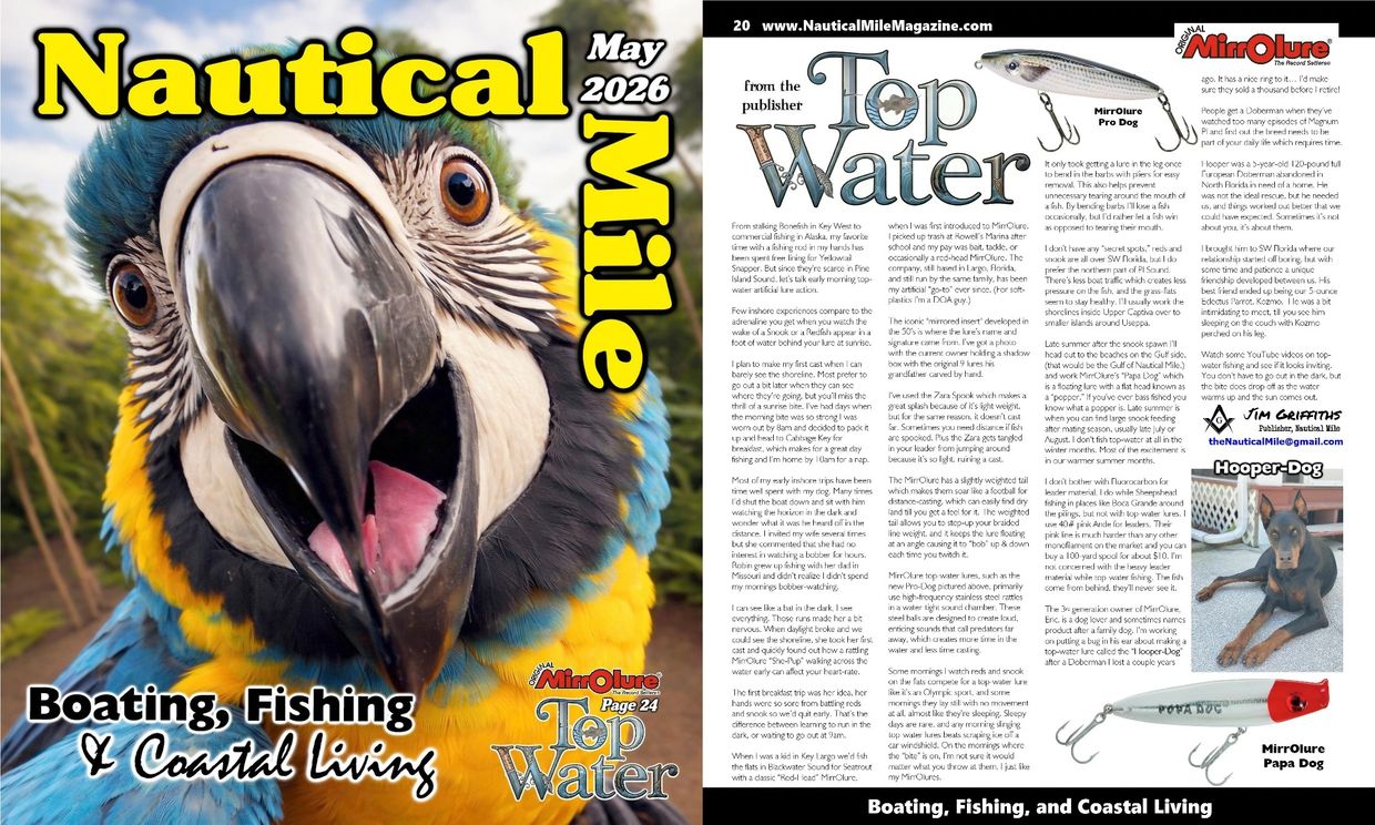Cover of Nautical Mile magazine featuring a colorful parrot and fishing tips.