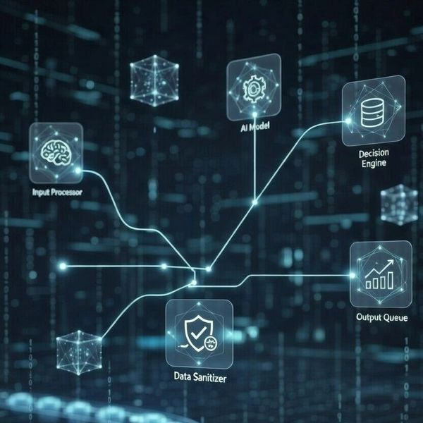 Diagram of AI data processing flow with components like Input Processor and Decision Engine.