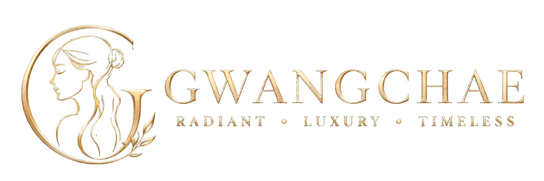 GWANGCHAE champagne-gold emblem and wordmark with Radiant, Luxury, Timeless brand signature.
