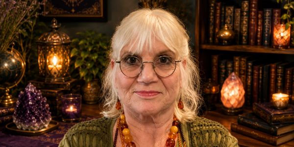 Elderly woman with glasses in a cozy, mystical room.