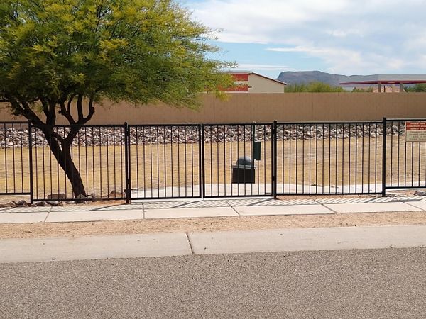 Metal gate and fence  
Painted black
