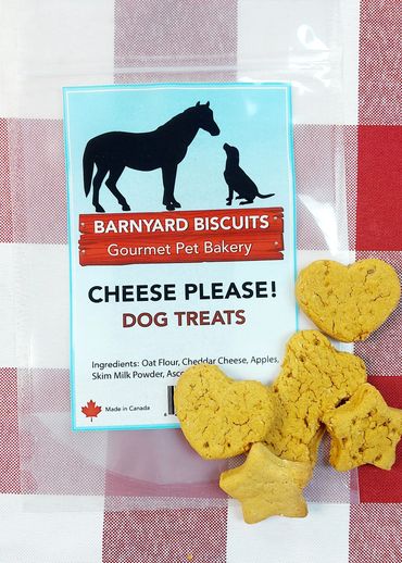 Barnyard Biscuits Cheese Please dog treats with heart and star shapes.