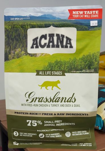 Acana Grasslands cat food with free-run chicken, turkey, duck, and quail for all life stages.