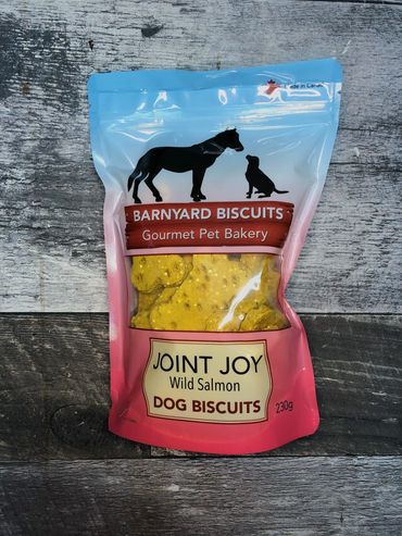 Bag of Barnyard Biscuits Joint Joy Wild Salmon dog biscuits.
