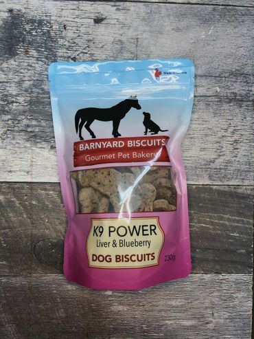 Bag of Barnyard Biscuits K9 Power dog biscuits with liver and blueberry.