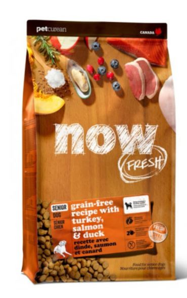 Now Fresh senior dog food with turkey, salmon, and duck, grain-free recipe.