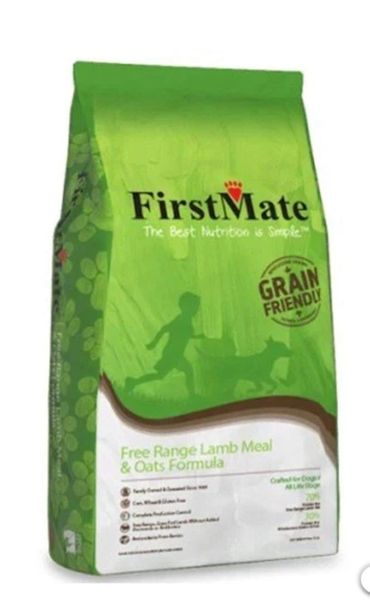 Bag of FirstMate dog food, grain-friendly lamb and oats formula.