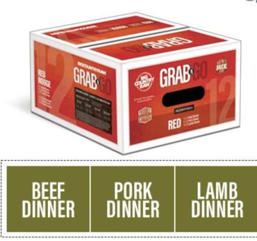 Box of Big Country Raw Grab & Go Red with beef, pork, and lamb dinner options.