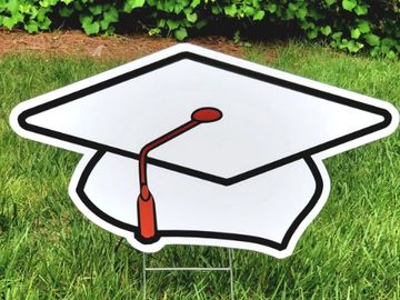 White graduation cap yard card, grad yard greeting, big graduation yard sign