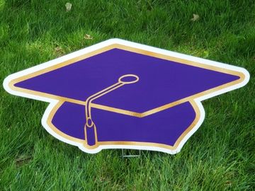 Purple and Gold graduation cap yard card, grad yard greeting, big graduation yard sign