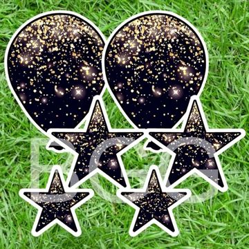 black and gold glitter yard card balloons and stars, birthday yard greeting, Anniversary yard sign