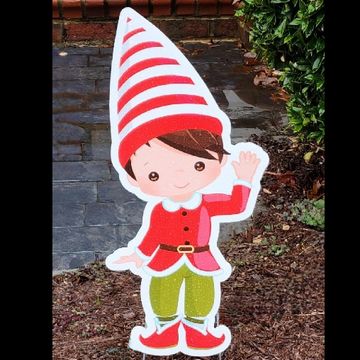 Christmas elf boy  red white striped hat holiday yard card greeting sign Apex NC Santa helper