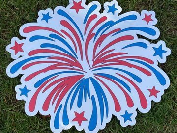 Red, white, and blue fireworks yard card