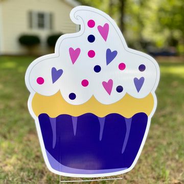 Yard sign: cupcake in blue wrapper white icing and heart sprinkles, happy birthday yard cards