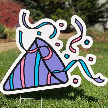 Lavender party popper, party yard card Raleigh, yard greeting, baby shower anniversary