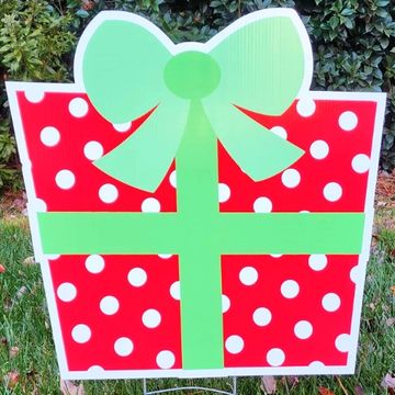 Red gift white polka dots green bow holiday yard card Raleigh NC