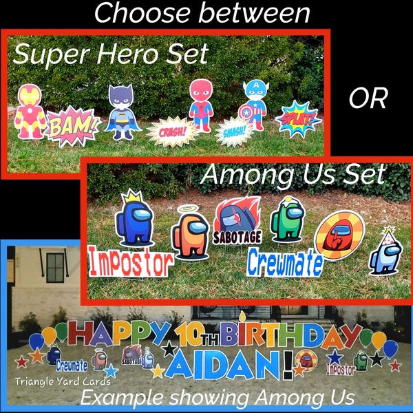 Collage: Super hero and Among Us yard card set; "Happy 10th birthday Aidan!" with Among Us signs