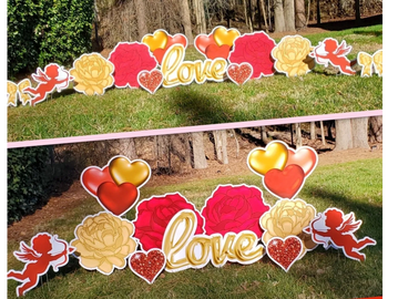 Red and Gold roses red cupid Valentines yard card display rentalApex, NC