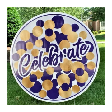 purple and gold celebrate circle graduation yard card, birthday yard card raleigh, card my yard cary
