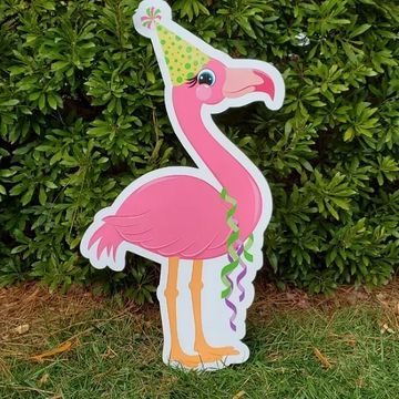 "pink flamingo" with party hat yard sign, Animal yard card, card my yard, funny yard signs Apex