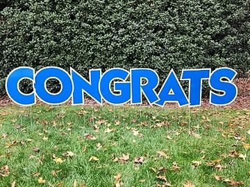 Blue "CONGRATS" yard card, graduation yard cards Raleigh, grad yard sign, big graduate yard card