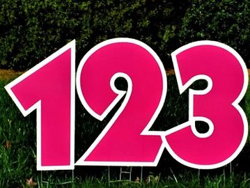 Hot Pink "123" numbers yard sign, birthday yard card, yard card rentals, yard cards near me