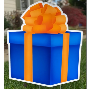 Blue gift box with orange bow yard card, birthday yard card rental Raleigh NC