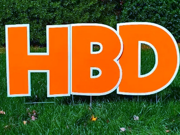 Orange happy birthday yard card, birthday yard letters, yard card rental, Big birthday yard signs