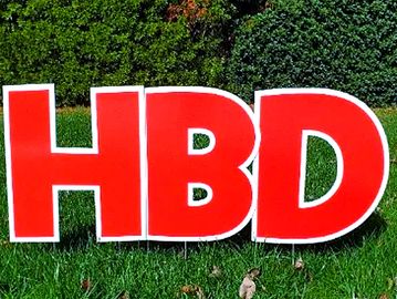 Red happy birthday yard card, Red birthday yard letters, yard card rental, Big birthday yard signs