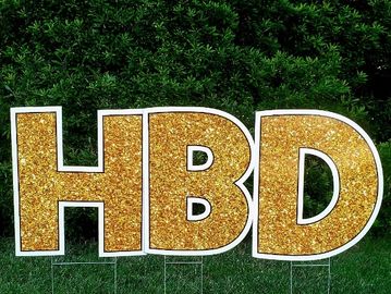 Gold glitter happy birthday yard card, birthday yard cards near me, yard cards Cary, birthday sign