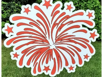 red and white firework yard card, yard greetings, birthday yard sign, anniversary yard signs near me