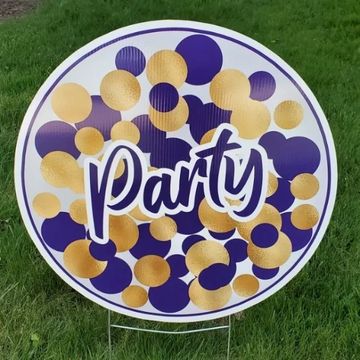 24" Purple/gold party Circle, birthday yard cards, Raleigh graduation yard cards, cards near me