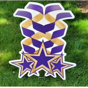 purple and gold star streamers, graduation yard cards, birthday yard cards raleigh, card my yard