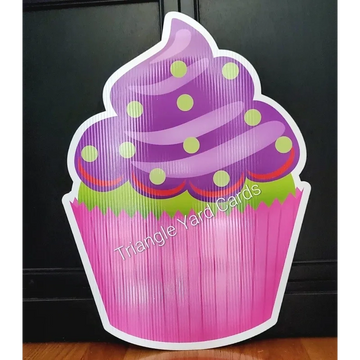Yard sign: cupcake in pink liner with purple icing, happy birthday yard cards, birthday lawn signs