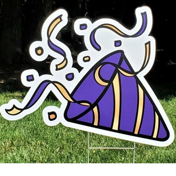 purple/gold yard card party popper, graduation yard cards, birthday yard cards raleigh, card my yard