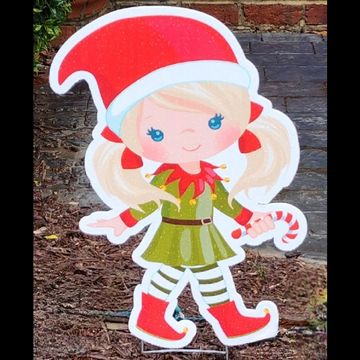 Christmas elf girl red hat and red white candy cane holiday yard card greeting sign Apex NC