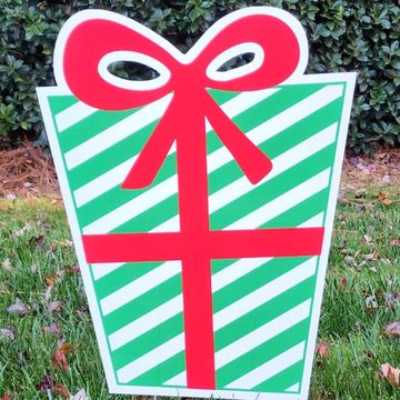 green white striped red bow gift used in Triangle Yard Cards Holiday party yard greeting