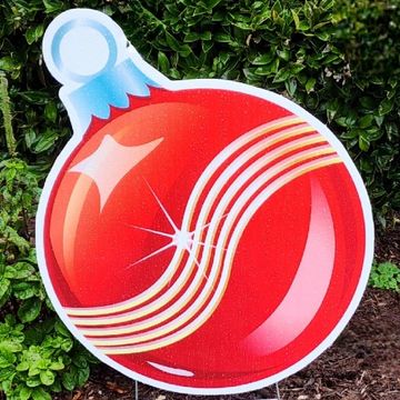 big red christmas ball with gold wave stripes holiday yard card Raleigh NC Red Christmas ball